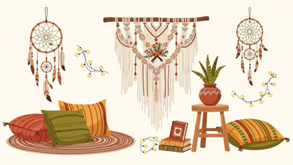 Bohemian interior design elements with dreamcatchers pillows and plants in a cozy setting with boho and decor and relaxation and peaceful with ethnic