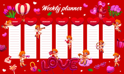 Weekly planner schedule with love hearts, cherub cupids and gifts, vector week plan template. Cartoon funny angels on clouds with Valentine hearts on weekly schedule planner or to do list organizer
