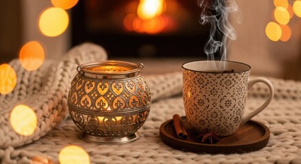Fototapeta premium Cozy Warm Ambience with Candle and Mug on Knitted Throw in Front of Fireplace