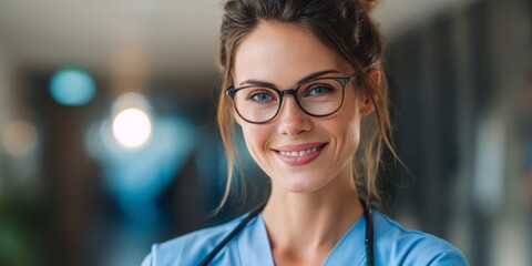 Confident Female Healthcare Professional in Scrubs with Glasses Smiling in Modern Medical Environment