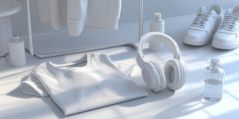 Minimalist Lifestyle Setting with White Clothing, Headphones, Sports Shoes, and Water Bottles on Modern Surface for Calm and Fresh Vibe