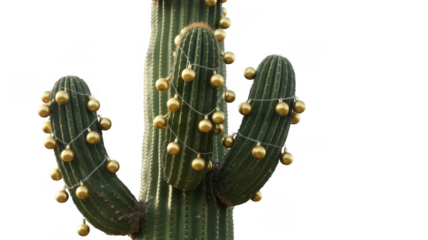 Cactus decorated with gold Christmas ornaments and lights isolated on a transparent background