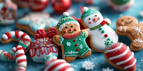 Colorful Christmas cookies featuring gingerbread men, snowmen, and festive decorations on a winter-themed background with sweet treats and holiday flair