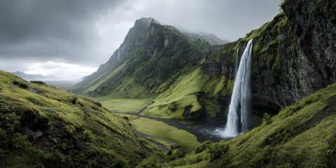 Majestic waterfall cascading down lush green cliffs surrounded by dramatic mountains and cloudy skies in a breathtaking Icelandic landscape scene