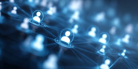 Abstract representation of digital connections and social networks, depicting user profiles interconnected through glowing lines and nodes in a futuristic design.