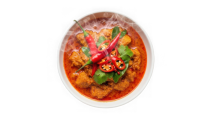 spicy red curry with chicken and chili peppers in bowl
