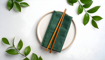 Minimal table setting with wooden chopsticks and a folded green napkin on a neutral plate, accented by leaves, expressing eco-friendly lifestyle, simplicity, and modern dining aesthetics.