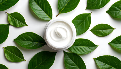 Top view of a cosmetic cream jar framed by fresh green leaves on a white background, highlighting natural beauty, organic skincare themes, and purity through balanced flat lay styling.