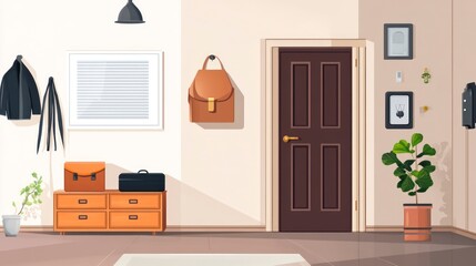 Modern interior with a brown door furniture and decorative elements