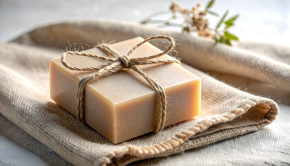Elegant organic soap bar tied with jute string on folded fabric, highlighting simplicity, self-care rituals, and clean beauty aesthetics in soft natural light.