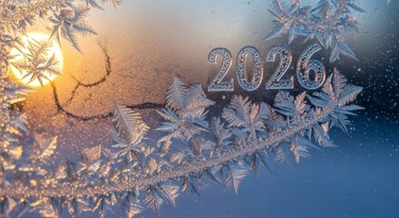 Sparkling 2026 numbers with golden frost patterns on winter glass surface during sunrise morning light creating magical ice crystals and bokeh effects