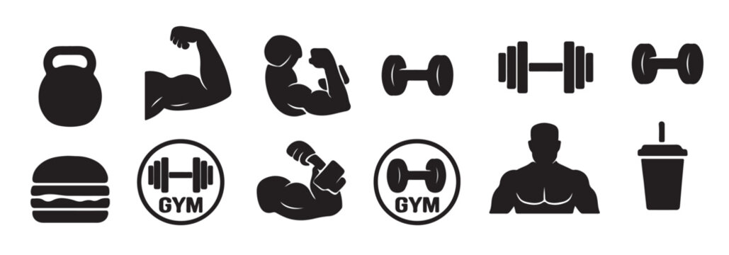  set of gym and fitness icons including dumbbells biceps