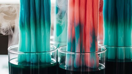 Textile dyeing process with colorful cotton threads in glass beakers showing turquoise teal and coral pink fiber dye absorption craft workshop setup
