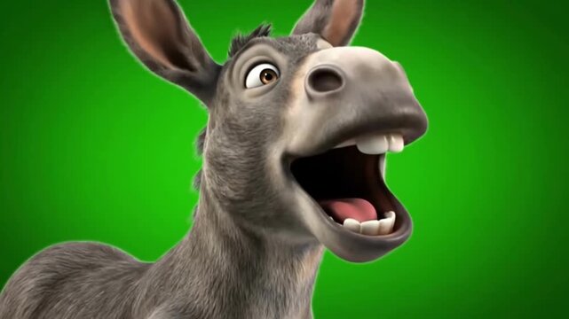 A funny 3d animated donkey is laughing heartily in an extreme close-up shot, isolated against a vibrant green screen background for easy keying.