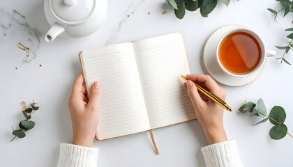 Cozy flat lay of hands writing in a notebook beside a cup of tea, teapot, and eucalyptus leaves, evoking mindfulness, journaling, and peaceful daily rituals.