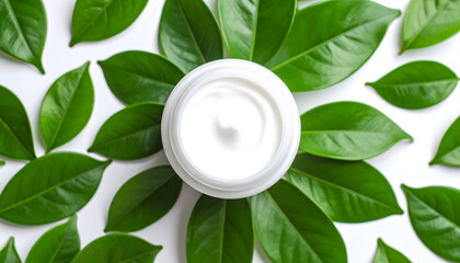 Natural cosmetic cream jar viewed from above, framed by vibrant green leaves, symbolizing organic skincare, clean beauty, and eco-friendly wellness products.