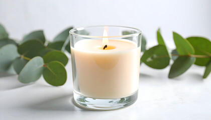Simple white candle in a clear glass jar framed by fresh green leaves, conveying purity, calmness, and minimalist lifestyle inspiration on a bright neutral background.