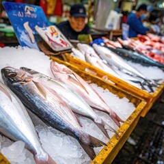 Fresh fish display at a bustling market, with an employee in the background
