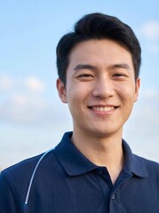 Asian male network engineer smiling confidently outdoors against a clear sky optimism and expertise in the technology field. Copy space