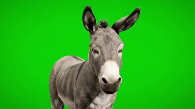 Close-up 3d render of a funny gray donkey laughing happily against a vibrant green screen studio background.