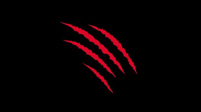 Claw scratch effect on a black screen. Animation of claws tearing through a surface in 4K resolution with an alpha channel. A Halloween visual effect for overlaying and creating a mystical atmosphere.