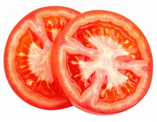 Two sliced ripe tomatoes, showcasing the vibrant red flesh and seeds