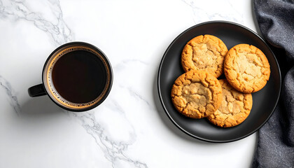 Minimalist flat lay of black coffee and golden cookies on a marble background, creating a calm morning mood with elegant contrast and clean composition for modern lifestyle concepts.