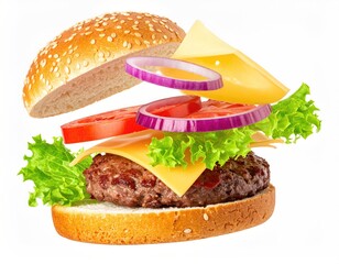 Deconstructed hamburger floating on a white background, ingredients visible