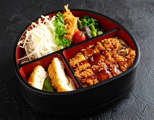 Japanese bento box with tempura, chicken, veggies & rice on dark background