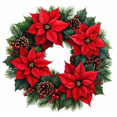 A vibrant Christmas wreath featuring red poinsettias and pinecones