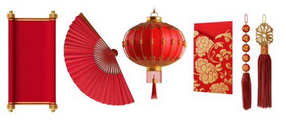 Red lantern, fan, tassel, and envelope for festivities, AI, PNG