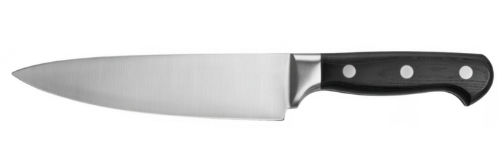 Chef's knife with black handle isolated on a transparent background