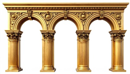 Golden classical archway with ornate carvings, three arches supported by columns