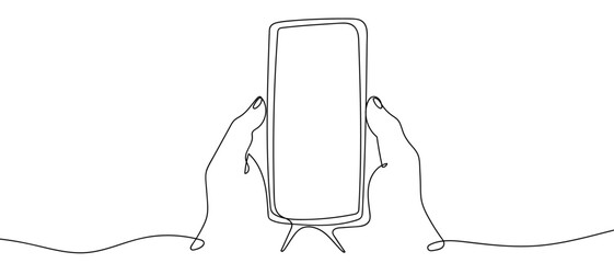 A single, continuous line of art depicts two hands holding a smartphone. line art Vector drawing style on a transparent background Editable stroke.