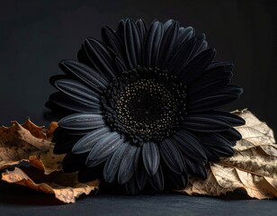 Stark black gerbera daisy bloom rests on autumn leaves against dark background