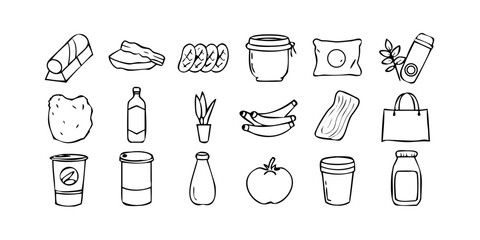Hand-Drawn Food and Beverage Packaging Doodle Icons, 