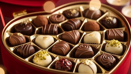Assortment of gourmet chocolates in a heart-shaped box for Valentine's Day celebration