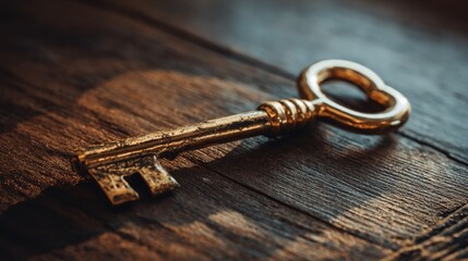 A golden vintage key resting on a dark wood surface