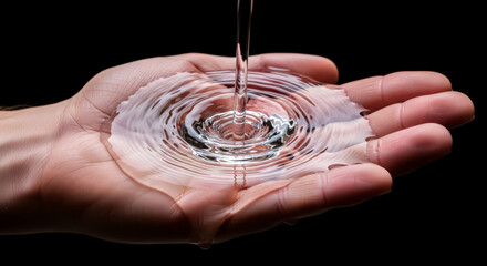 Crystal-clear water is gently poured into an open human hand, creating ripples and symbolizing purity, hydration, and care.