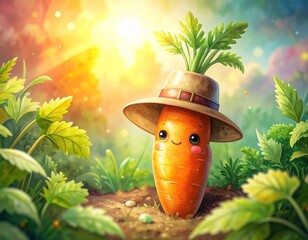 햇살 가득한 텃밭 속 모험가 모자를 쓴 행복한 당근 캐릭터 Cute anthropomorphic carrot character wearing an adventurer hat in a sunny garden