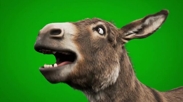 Humorous close-up of a brown donkey laughing loudly and showing teeth, isolated on a vibrant green chroma key background.