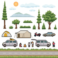 pixel art isolated background of rural nature picnic outdoor set