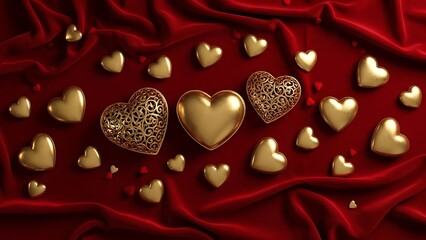 Luxurious golden hearts scattered on rich red velvet fabric, symbolizing love and romance