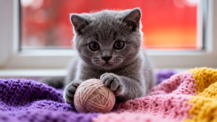 Adorable gray kitten resting calmly on knitted blanket near window