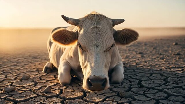 Exhausted cow lying down on dry cracked desert ground, bathed in warm sunset light. Ten Plagues of Egypt - Cattle Plague