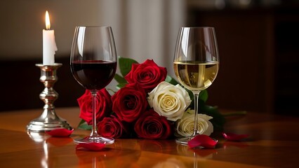 Romantic candlelit dinner with red and white roses and wine glasses. Valentine's Day