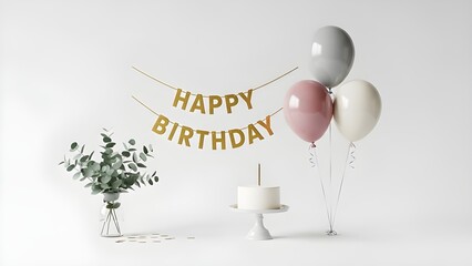 Minimalist Birthday Celebration Setup with 'Happy Birthday' Banner, Balloons, and Cake on White Background