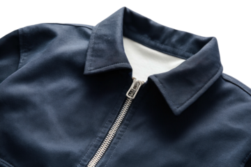 Navy jacket detail collar, zipper, light lining exposed
