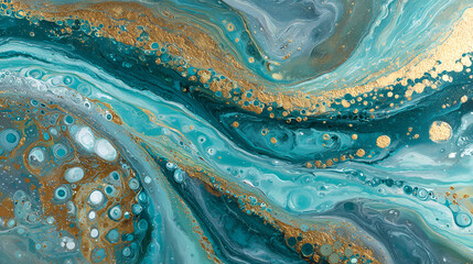 Teal and Gold Abstract Fluid Art Painting Background