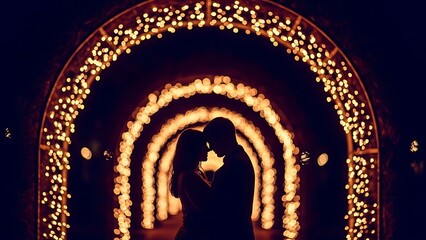 Romantic couple silhouetted against a tunnel of warm, glowing fairy lights at night
